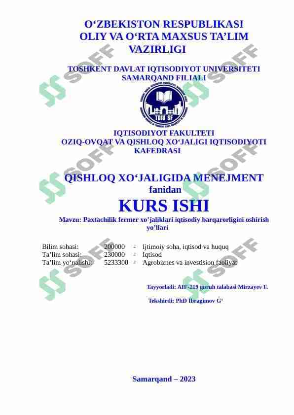 Paxtachilik fermer xo’jaliklari iqtisodiy barqarorligini oshirish yo’llari 1
