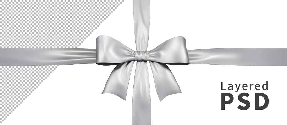 Izolyatsiya qilingan kumush atlas sovg'a lentasi | Silver satin gift ribbon bow isolated 1