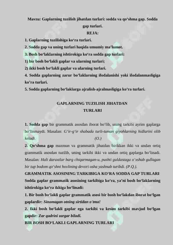 Gaplarning tuzilish jihatdan turlari: sodda va qo‘shma gap. Sodda gap turlari.