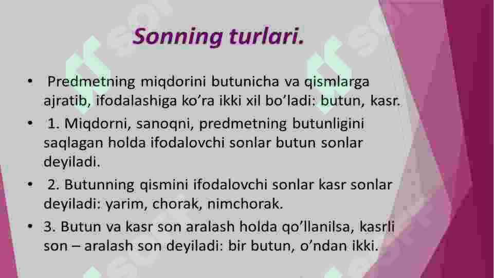 Sonlarning otlashish xususiyatlari. Sonning ma’no turlari. Sonning tuzilish jihatdan turlari: sodda, tarkibli (yoki qo’shma) juft sonlar 4