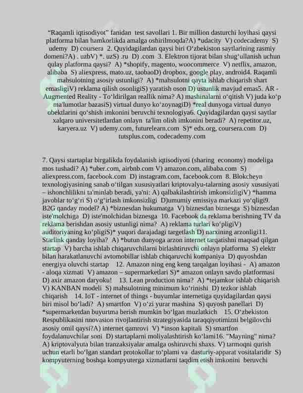 Raqamli iqtisodiyot fanidan 100 talik test savollari javoblari bilan