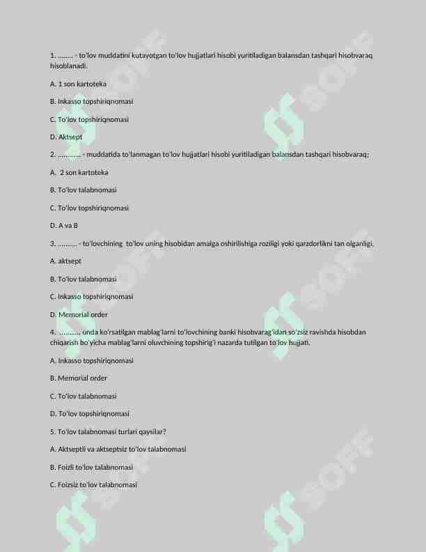 Buxgalteriya fanidan testlar soni 15 ta