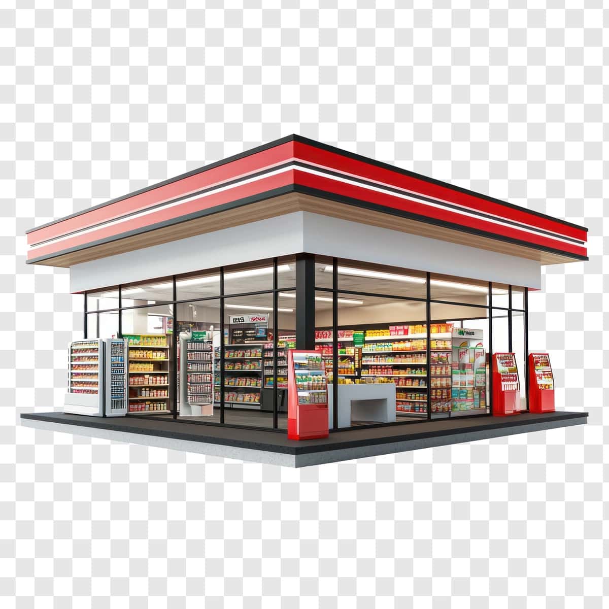 To'plam 3D do'konining oldingi ko'rinishi shaffoflikni ajratib turadi | Collection 3d convenience store front view isolate transparency 1