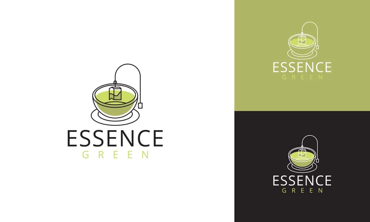 Essence yashil choy logotipi minimalist chiziqli art dizayndagi choy bilan choy piyola | Essence green tea logo minimalist line art design teacup with tea 1