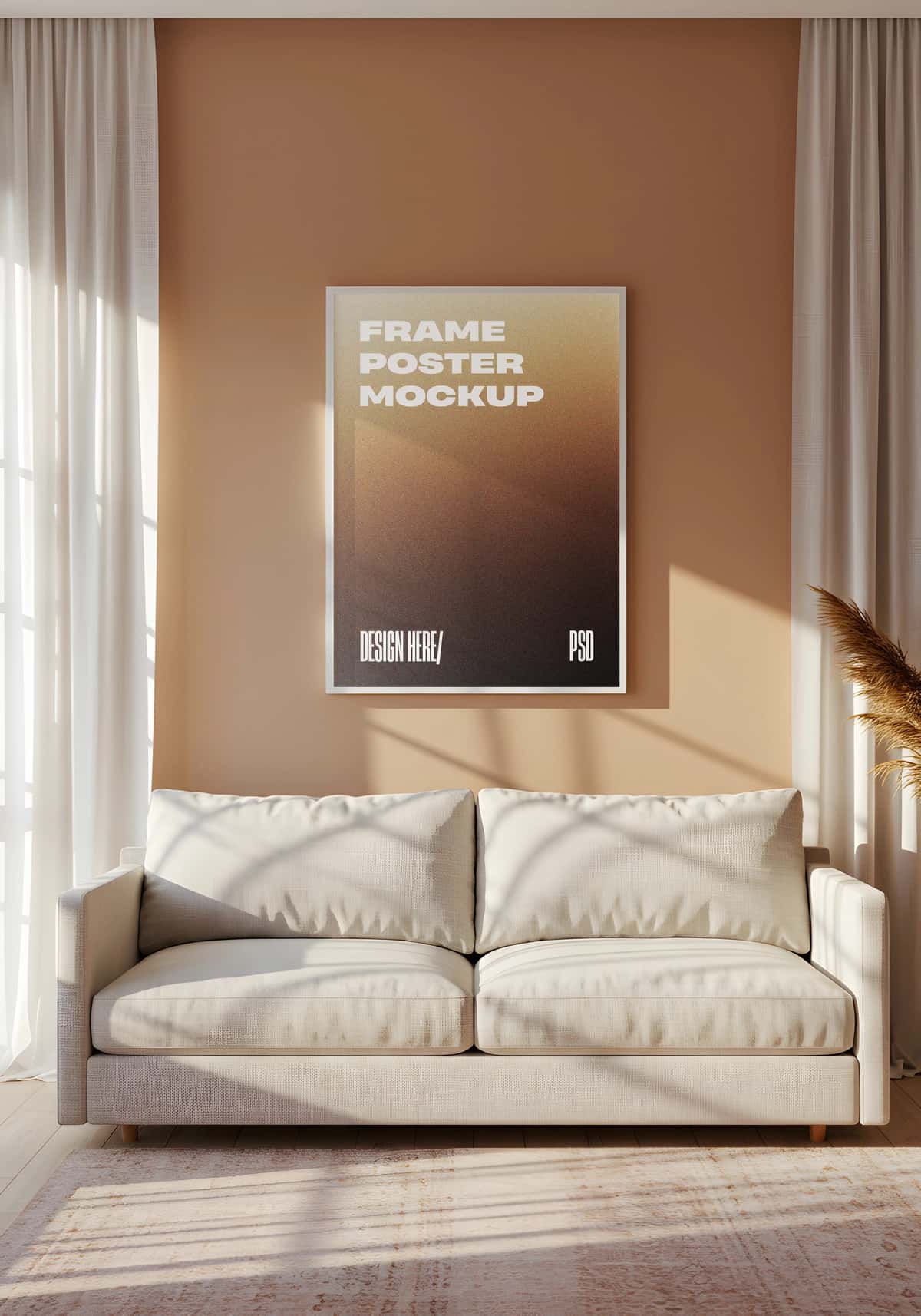 Afisha maketi bilan shinam yashash xonasi manzarasi | Cozy living room scene with poster mockup 1