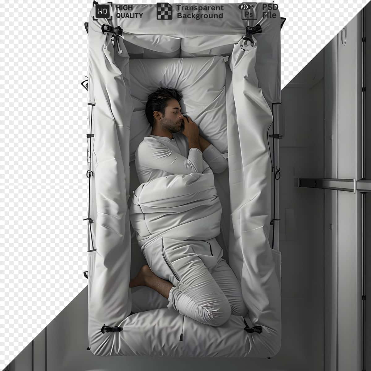 Oq to'shakda oq choyshab bilan uxlayotgan odam izolyatsiya qilingan oq xonadan ko'rinadi | Man sleeping white bed with white blanket white room seen from isolated 1