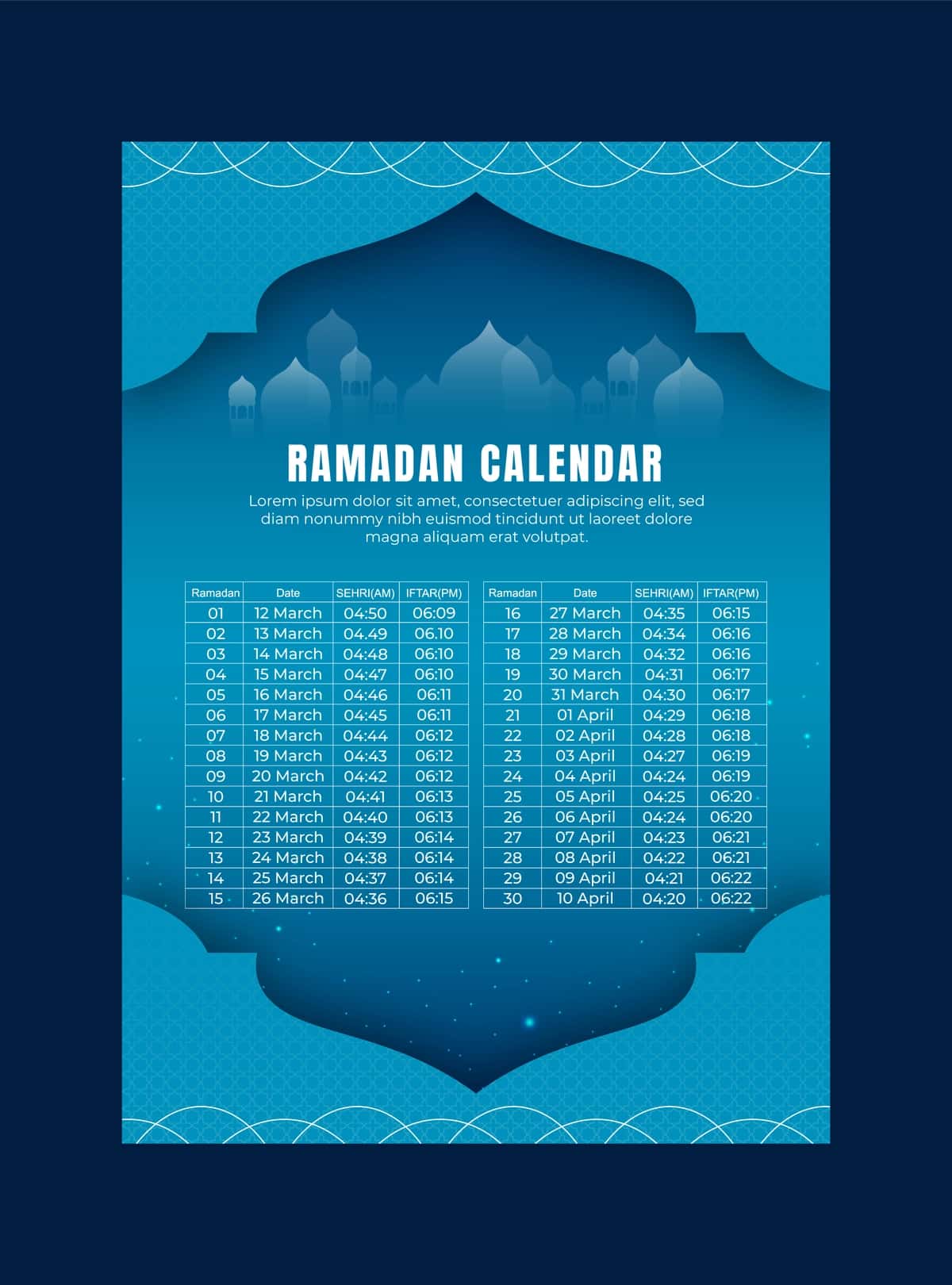 Haqiqiy Ramazon taqvimi shablonining sehri ifter vaqti jadvali | Realistic ramadan calendar template sehri ifter time schedule 1