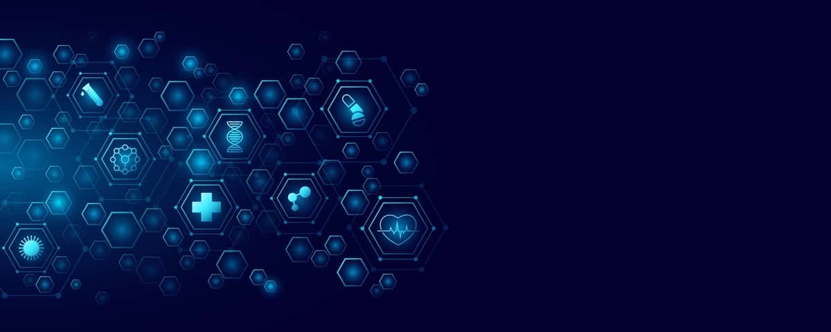 Sog'liqni saqlash piktogrammalari bilan mavhum bog'langan olti burchakli ko'k doira | Abstract connected hexagons with health care icons hud circle blue 1