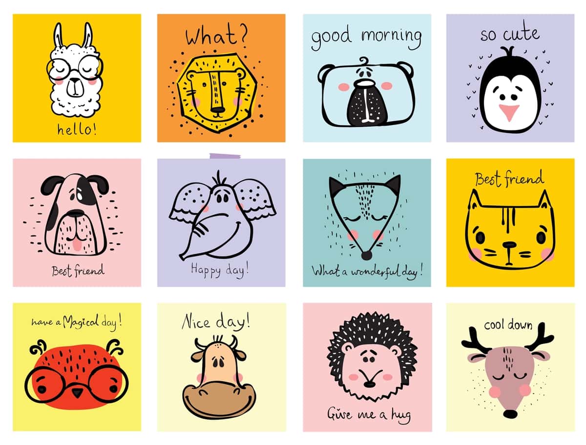Vektorli to'plam yoqimli, baxtli hayvonlarning yuzlari, bolalar interyerlari bannerlari, plakatlar | Vector set cute happy animal faces kid s interiors banners posters 1