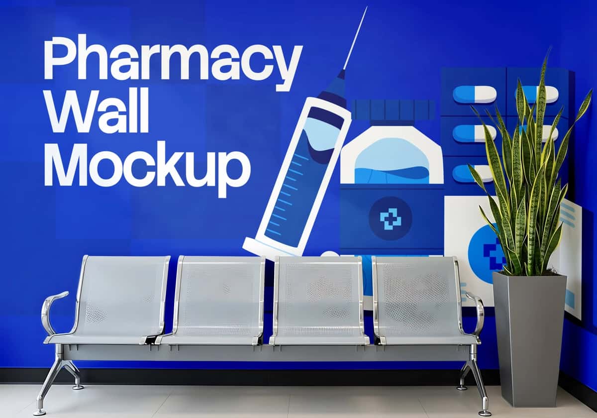 Tibbiy devor maketi bilan dorixona kutish maydoni | Pharmacy waiting area with medical wall mockup 1