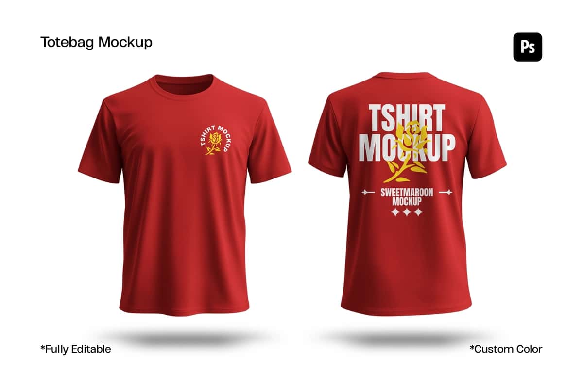 Haqiqiy qizil futbolka maketi old orqa tomondan kiyim brendi | Realistic red t shirt mockup front back views apparel branding 1