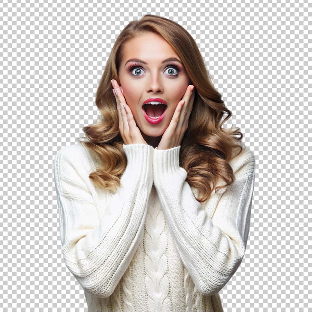 Ajablanarlisi ayol oq sviter oq fon | Amazed woman white sweater white background 1