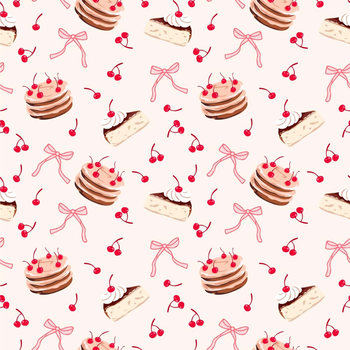 Gilos keki lentasi choksiz naqshli yoqimli desert vektor foni | Cherry cake ribbon seamless pattern cute dessert vector background 1