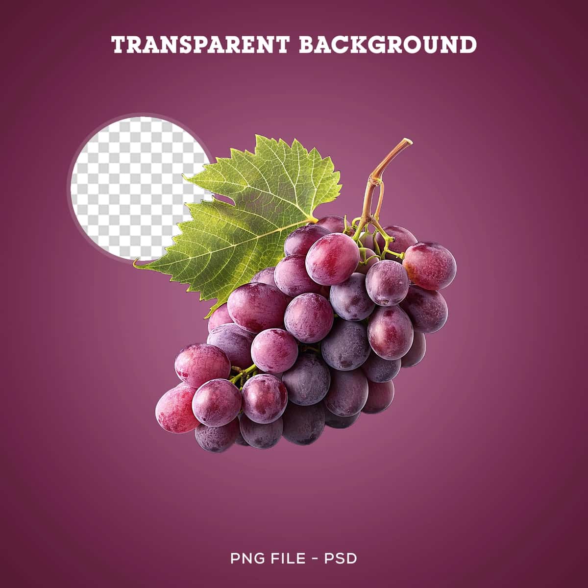 Yashil barglari shaffof fon bilan yangi qizil uzum | Fresh red grapes with green leaf transparent background 1