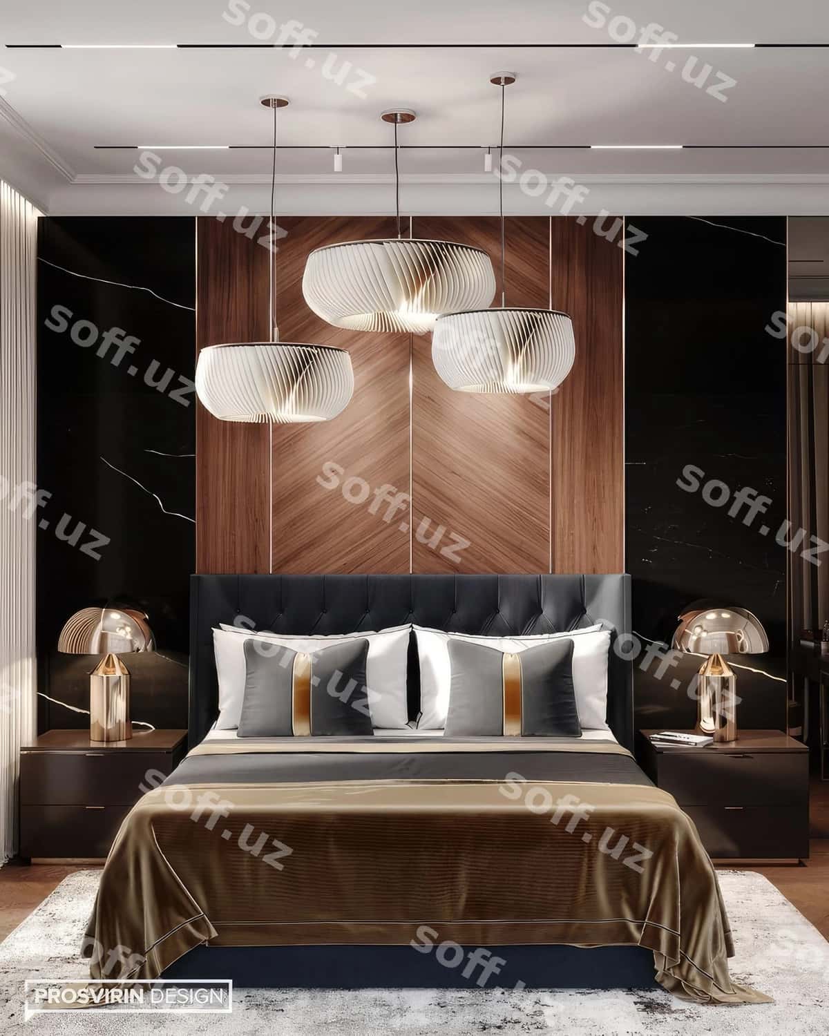 Yotoq chiroqli devor bilan yotoq xonasi | Bedroom with bed lamp wall 1
