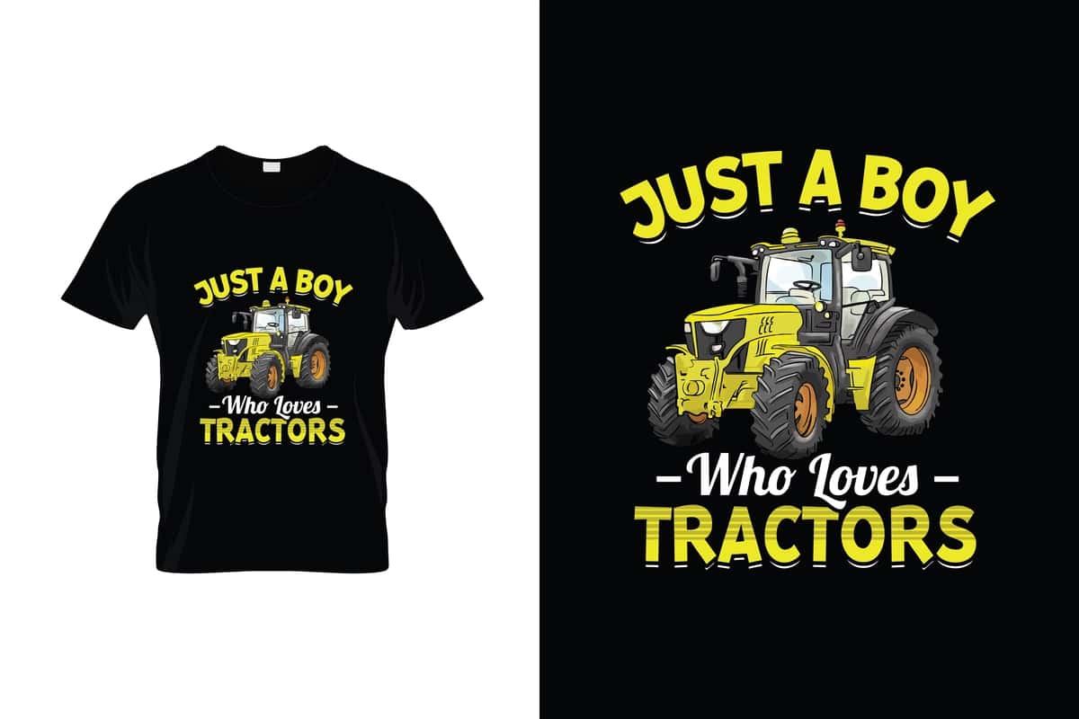 Traktorlarni yaxshi ko'radigan bola deb yozilgan qora futbolka | Black t shirt that says just boy who loves tractors it 1