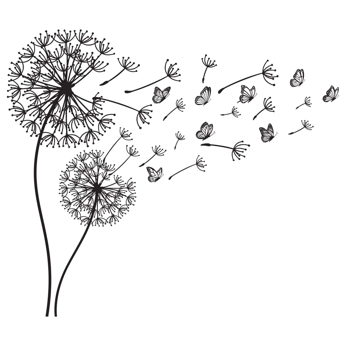 Vektorli rasmda qora momaqaymoq urug'lari shamol bilan izolyatsiya qilingan holda esmoqda | Vector illustration black dandelion seeds blowing wind isolated 1