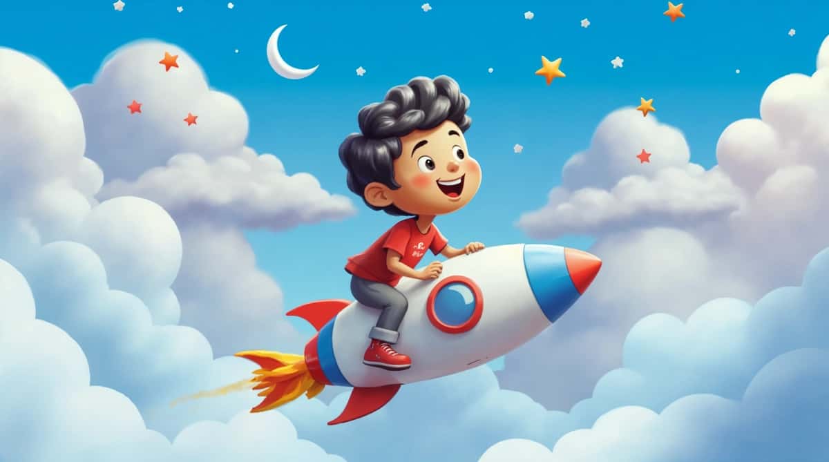 Osmonda raketa uchayotgan bola | Boy riding rocket through sky 1