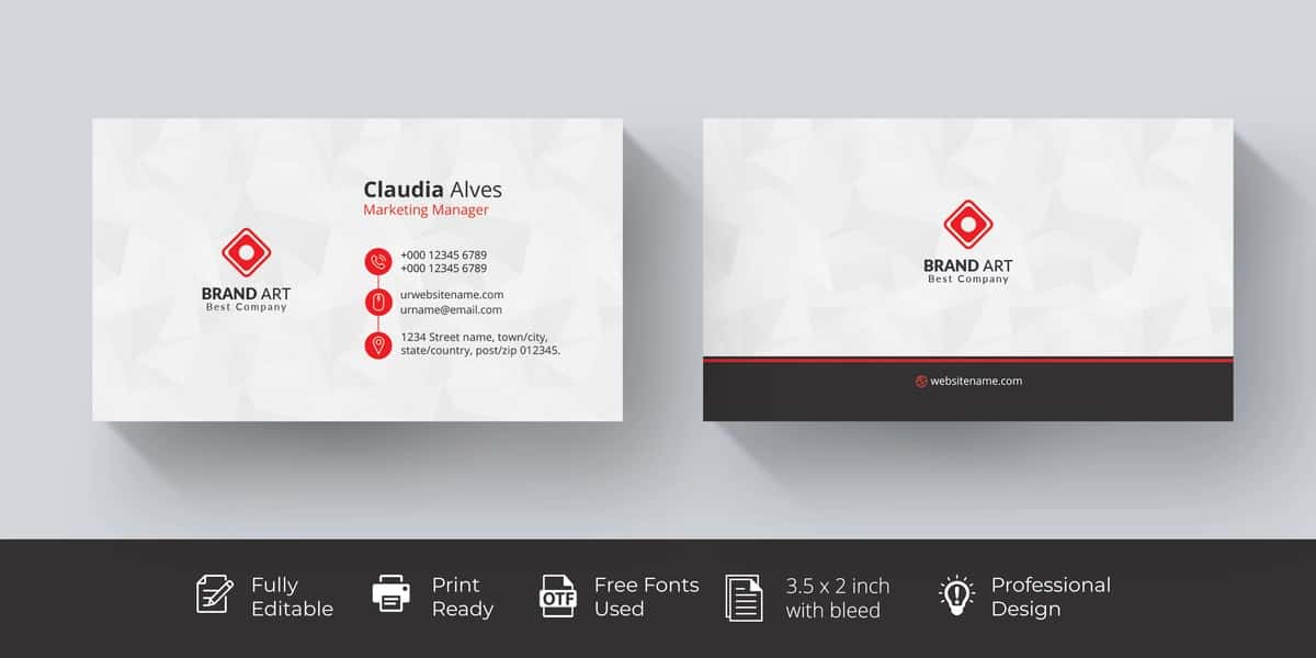 Qizil tafsilotlar bilan oq vizitka | White business card with red details 1