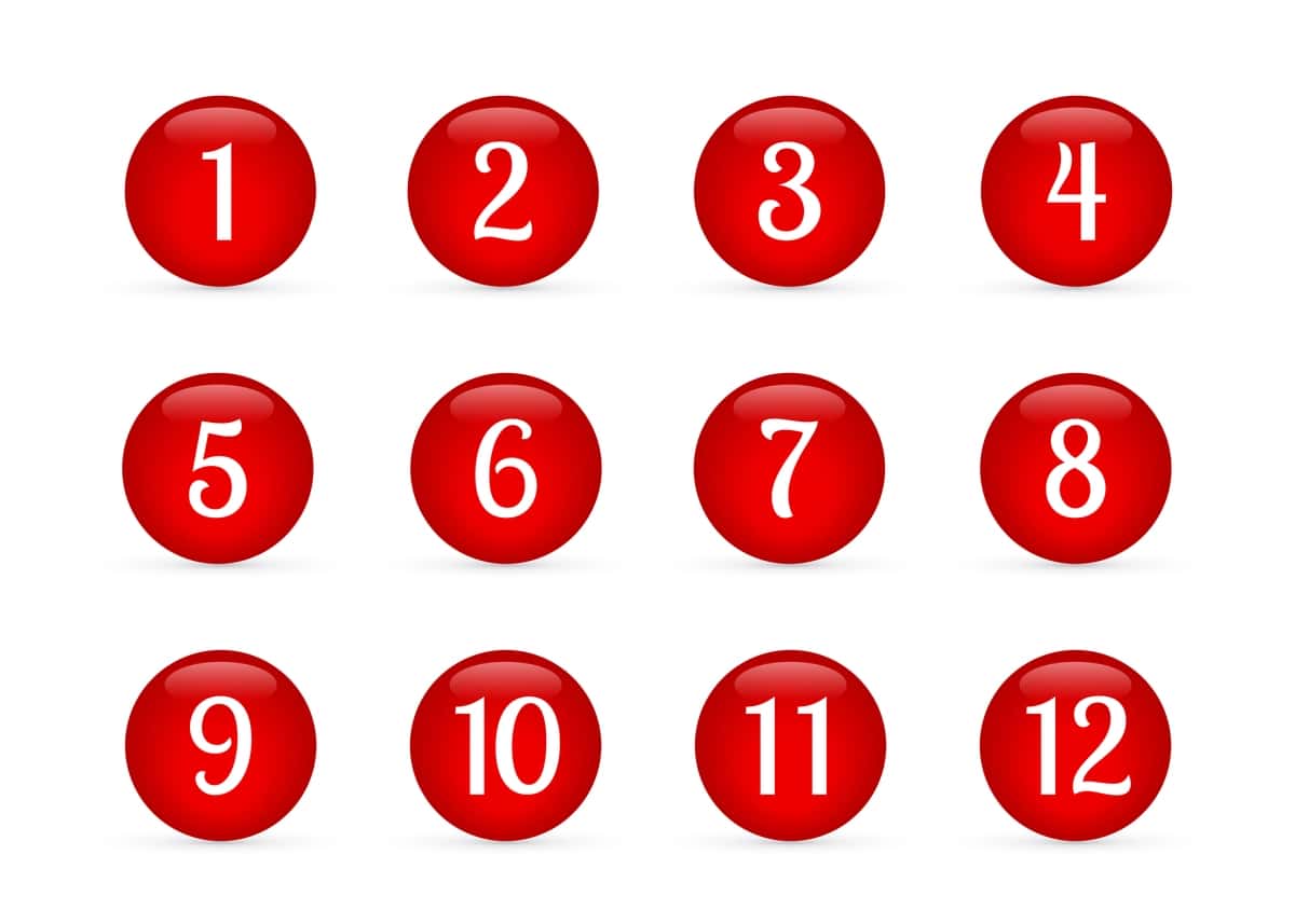 1 ta 12 ta qizil shisha tugmachalardan raqamlar tushirilgan yaltiroq dumaloq tugmachalarni o'rnating | Set glossy round buttons with numbers from 1 12 red glass buttons 1