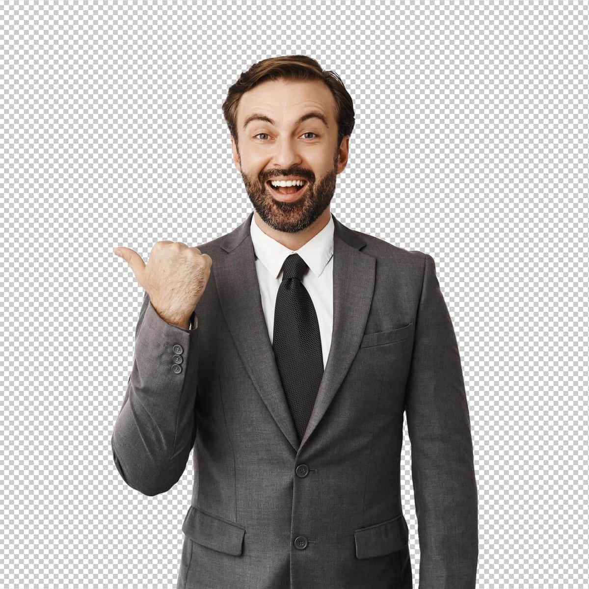 G‘ayratli soqolli biznesmen barmog‘ini ko‘rsatib, tabassum qilmoqda | Enthusiastic bearded businessman pointing finger left smiling corporate 1