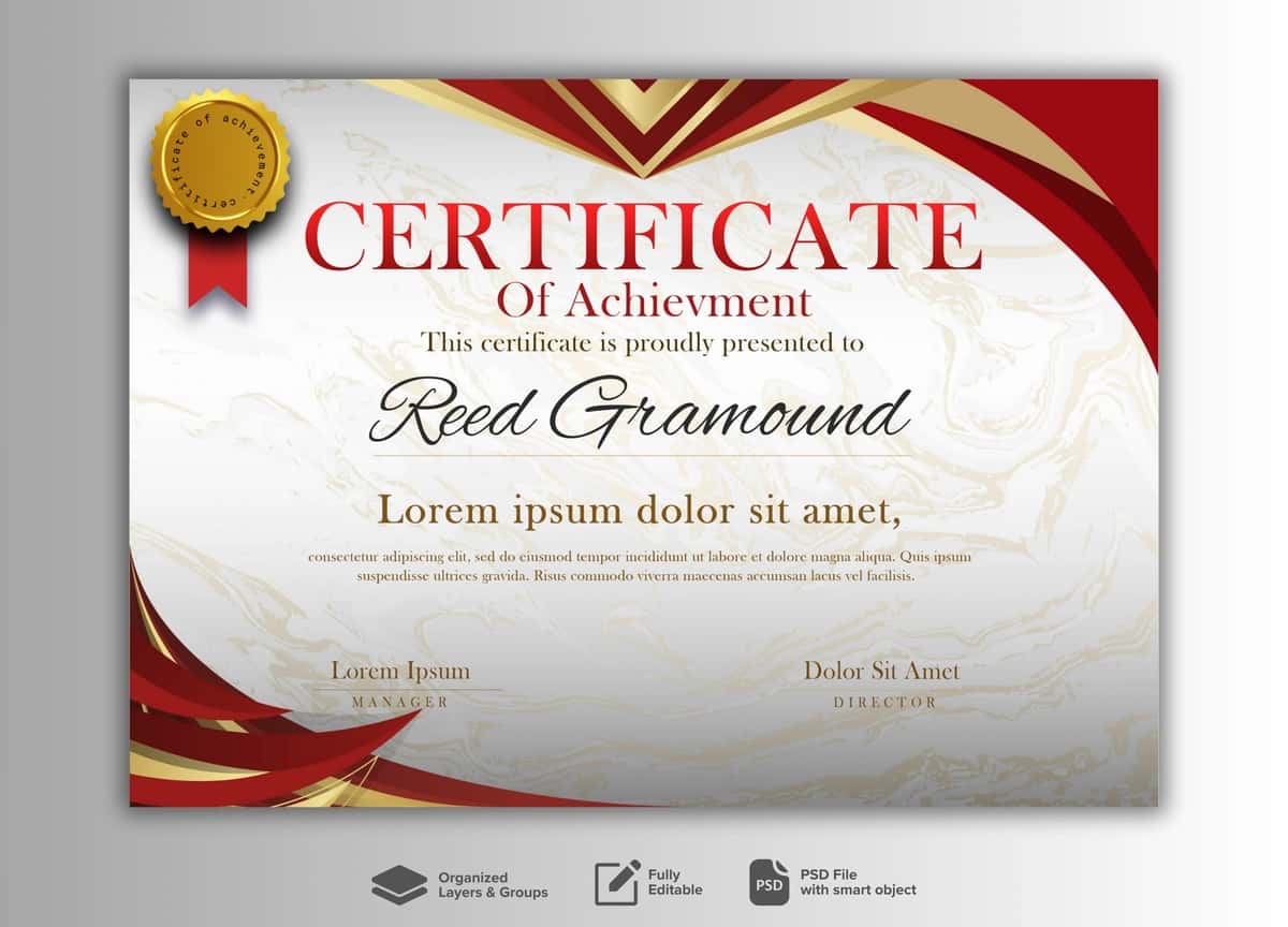 Qizil oltin tafsilotlari bilan oqlangan sertifikat shabloni | Elegant certificate template with red golden details 1