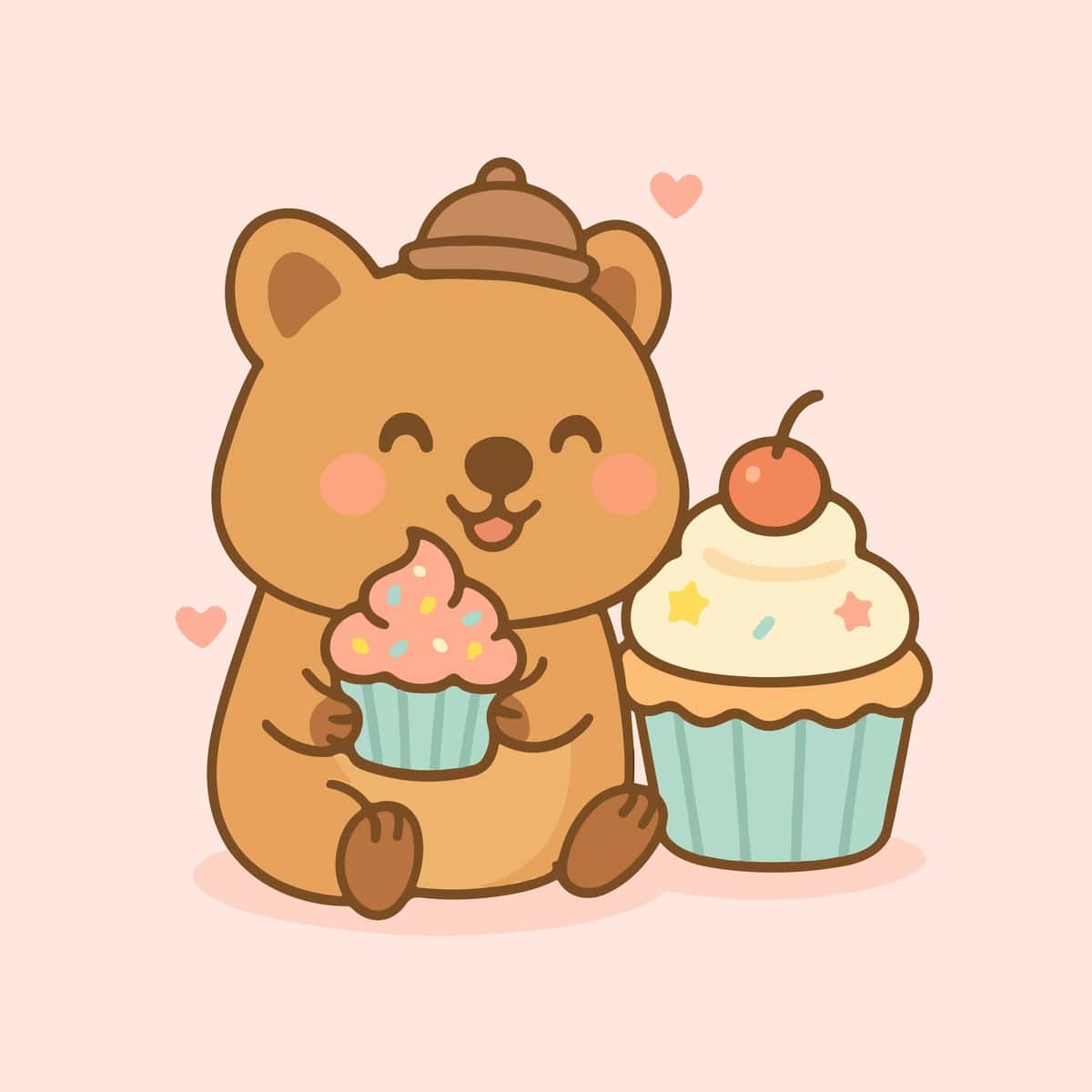 Yoqimtoy koala keklar bilan kichkina shlyapa kiyib, xursandchilik bilan o'tiribdi | Cute koala with cupcakes adorable koala wearing tiny hat happily 1