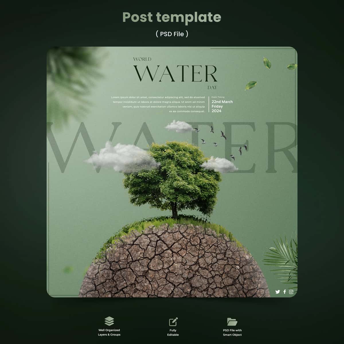Gradient Jahon suv kuni kvadrat plakat shabloni | Gradient world water day square poster template 1