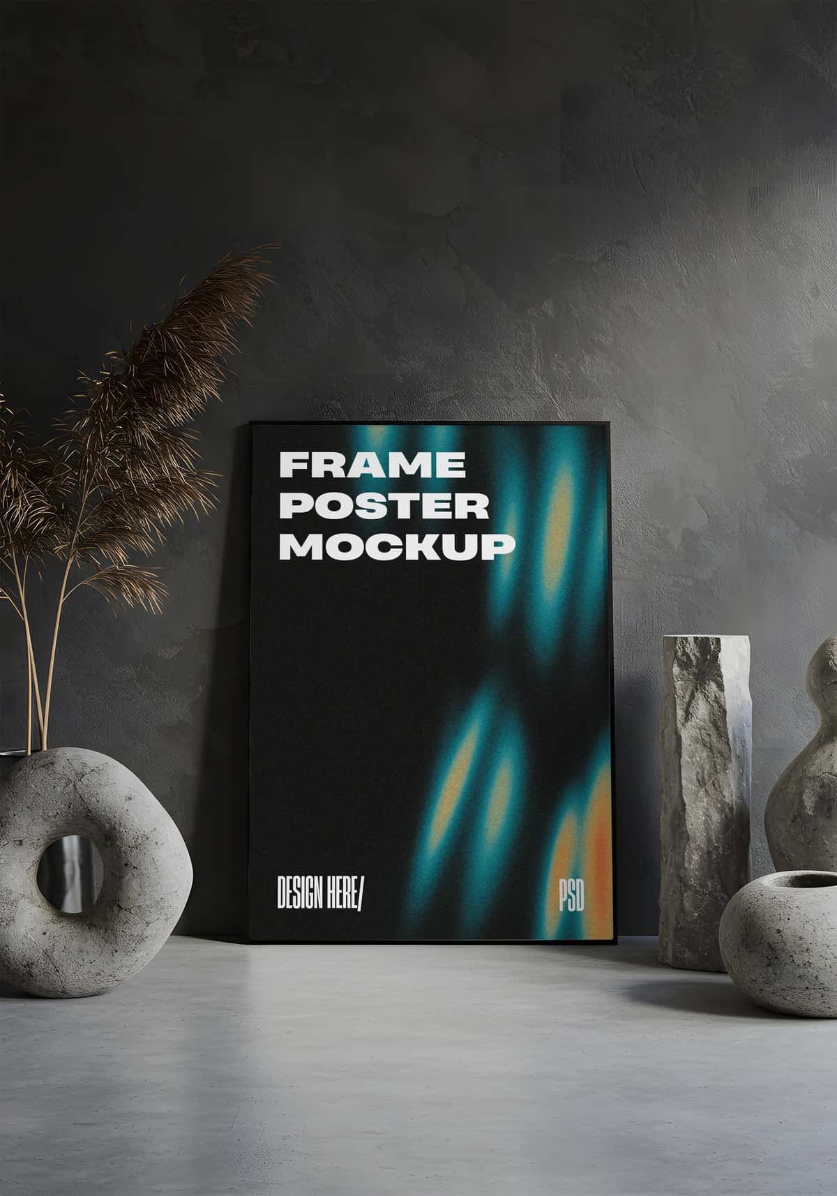 Dekorativ elementlarga ega ramka plakati maketi beton yuzasi | Frame poster mockup concrete surface with decorative elements 1