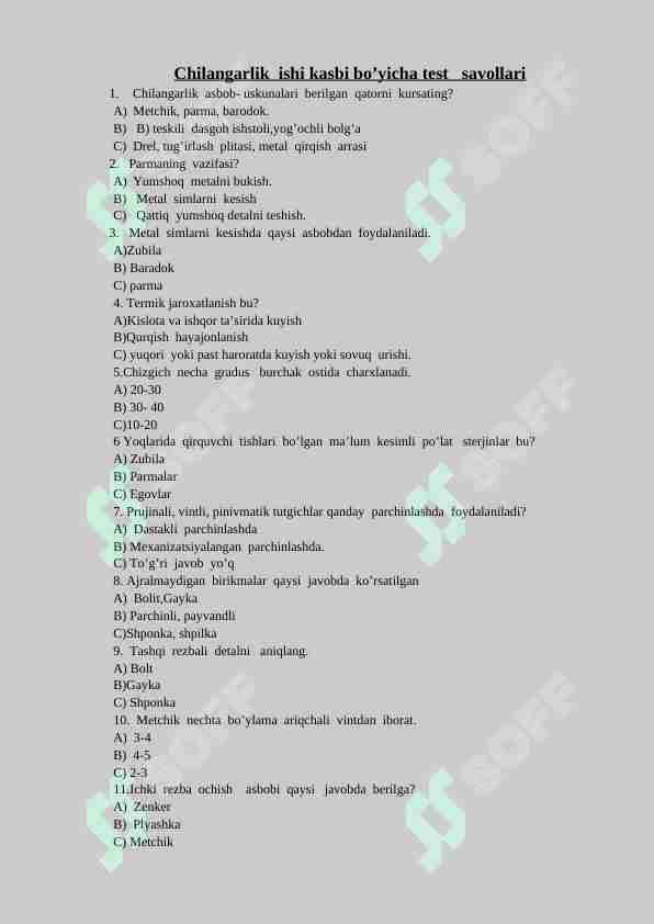 chilangarlik ishlari fanidan test
