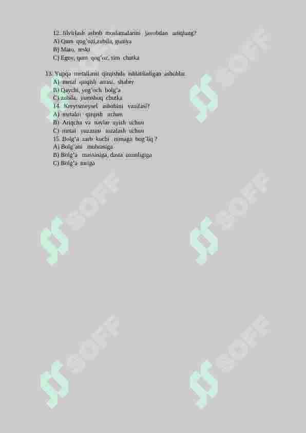 chilangarlik ishlari fanidan test 2