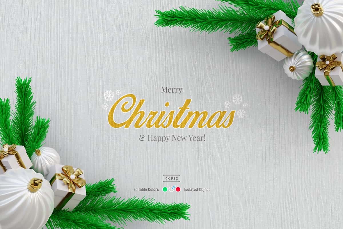 Rojdestvo yog'och fon maketi qarag'ay barglari gulchambar 3D sovg'a bilan | Christmas wooden background mockup with pine leaves wreath 3d gift 1