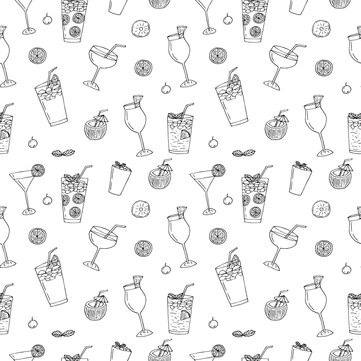 Kokteyllar choksiz naqsh vektor illyustratsiyasi qo'lda chizilgan dudlelar | Cocktails seamless pattern vector illustration hand drawing doodles 1