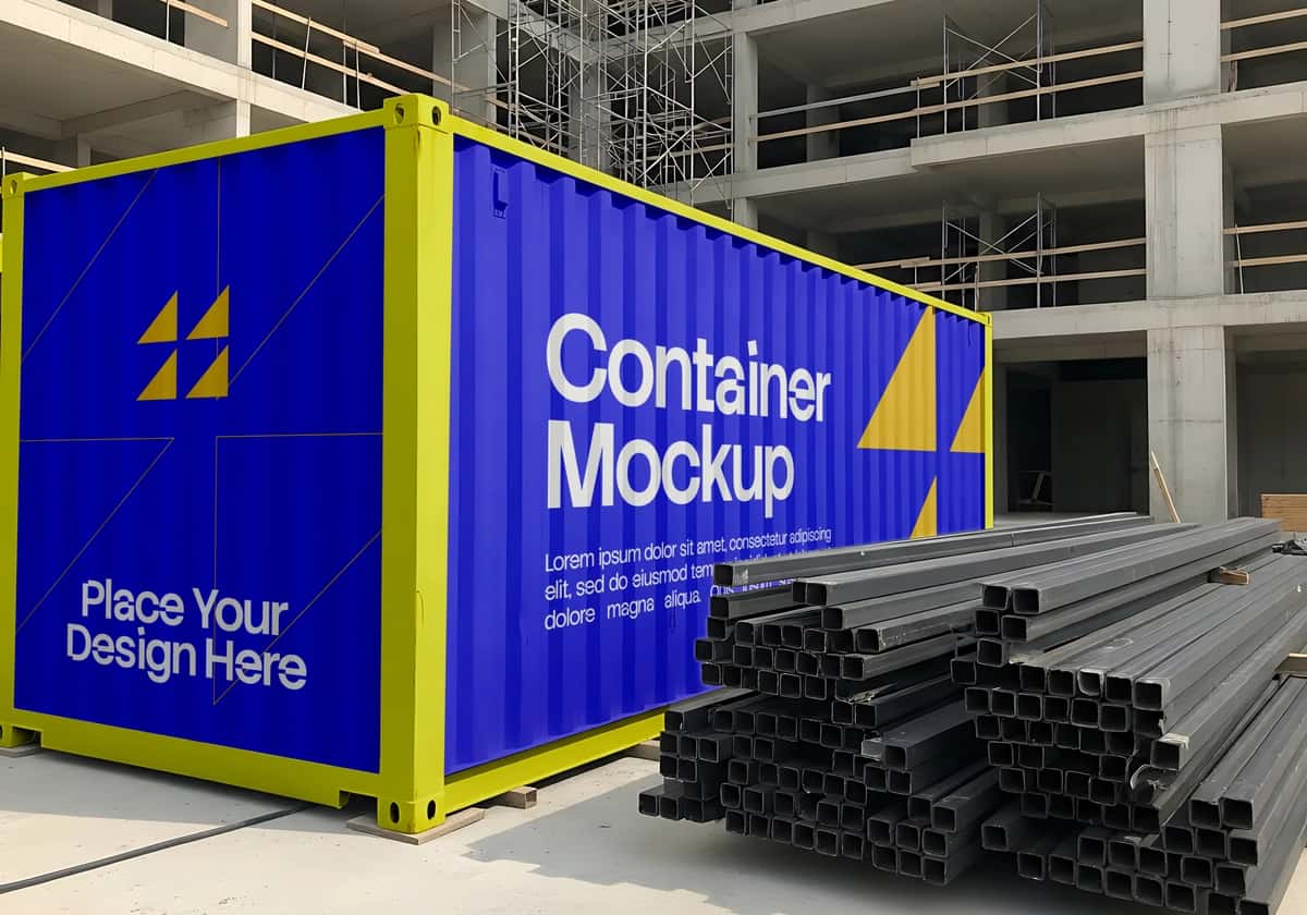Moviy sariq yuk tashish konteyneri maketi qurilish maydonchasi | Blue yellow shipping container mockup construction site 1