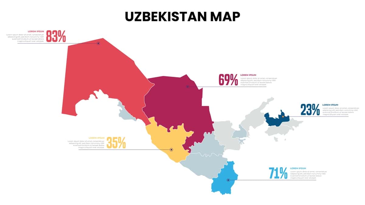 O'zbekiston zamonaviy xaritasi foizli infografik shablon batafsil infografika | Uzbekistan modern map percentage infographic template detailed infographic 1