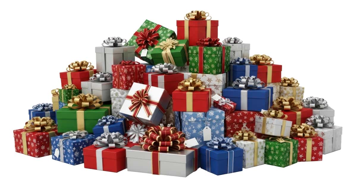 Qizil yashil ko'k, shu jumladan kamon lentalari bilan rangli sovg'a qutilarini to'plang | Pile colorful gift boxes with ribbons bows including red green blue 1