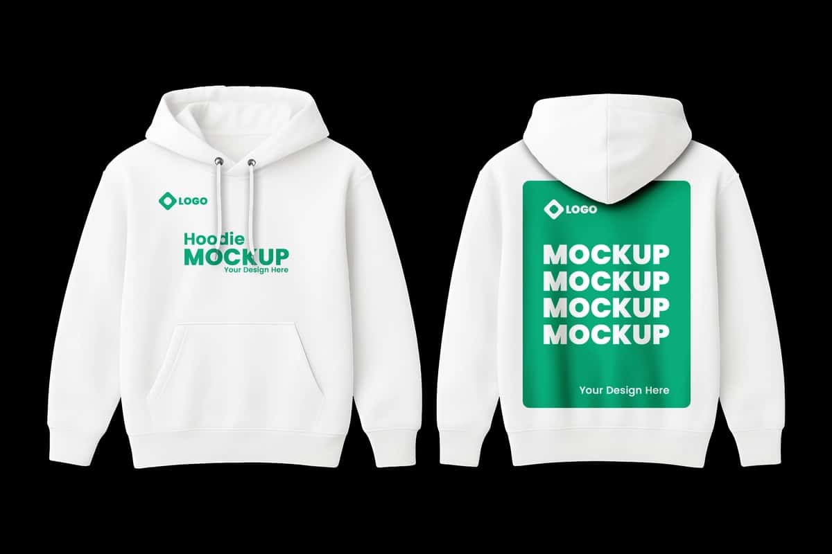 Old tomondan oddiy oq qalpoqli maket | Simple white hoodie mockup front back 1