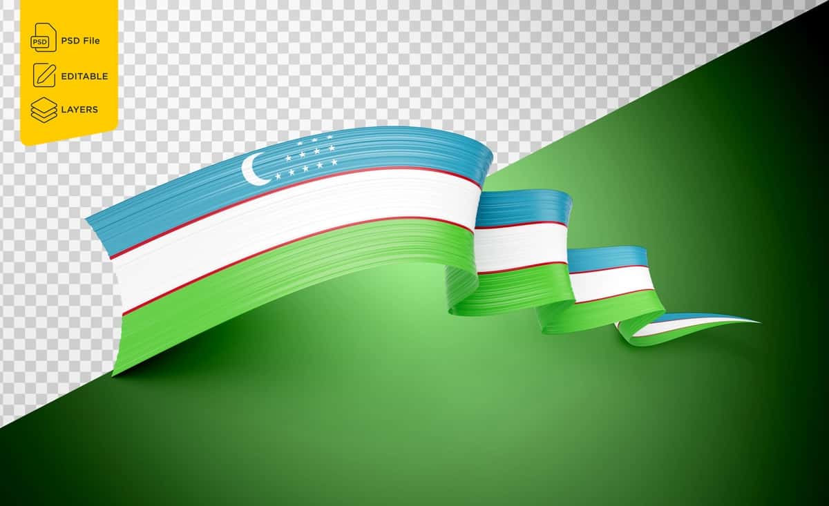 O'zbekiston bayrog'i yaltiroq hilpiragan bayroq lentasi ajratilgan yashil fon | Flag uzbekistan shiny waving flag ribbon isolated green background 1