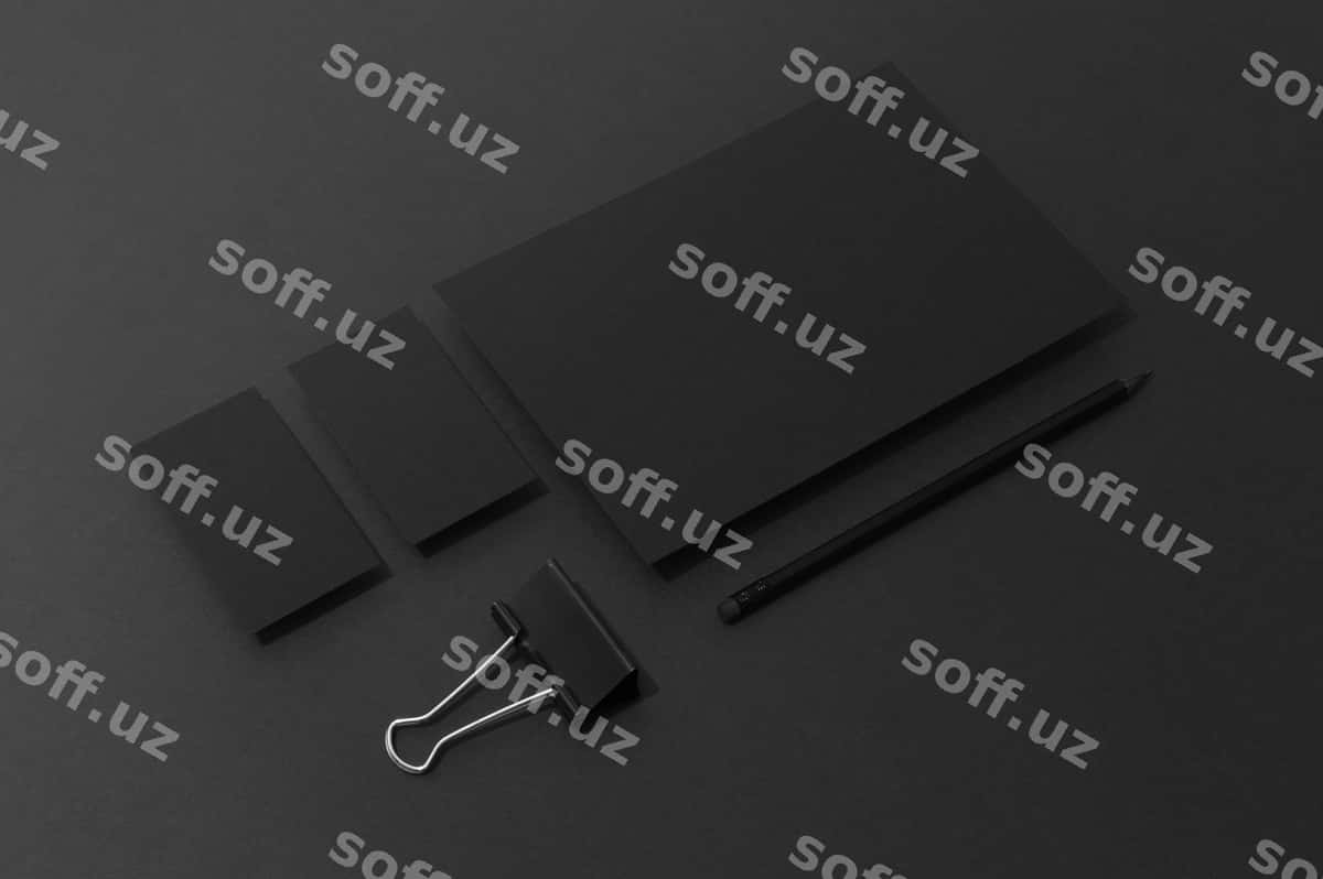 Qora qozondoshliklar to'plami namunasi | Dark stationery set mockup 1