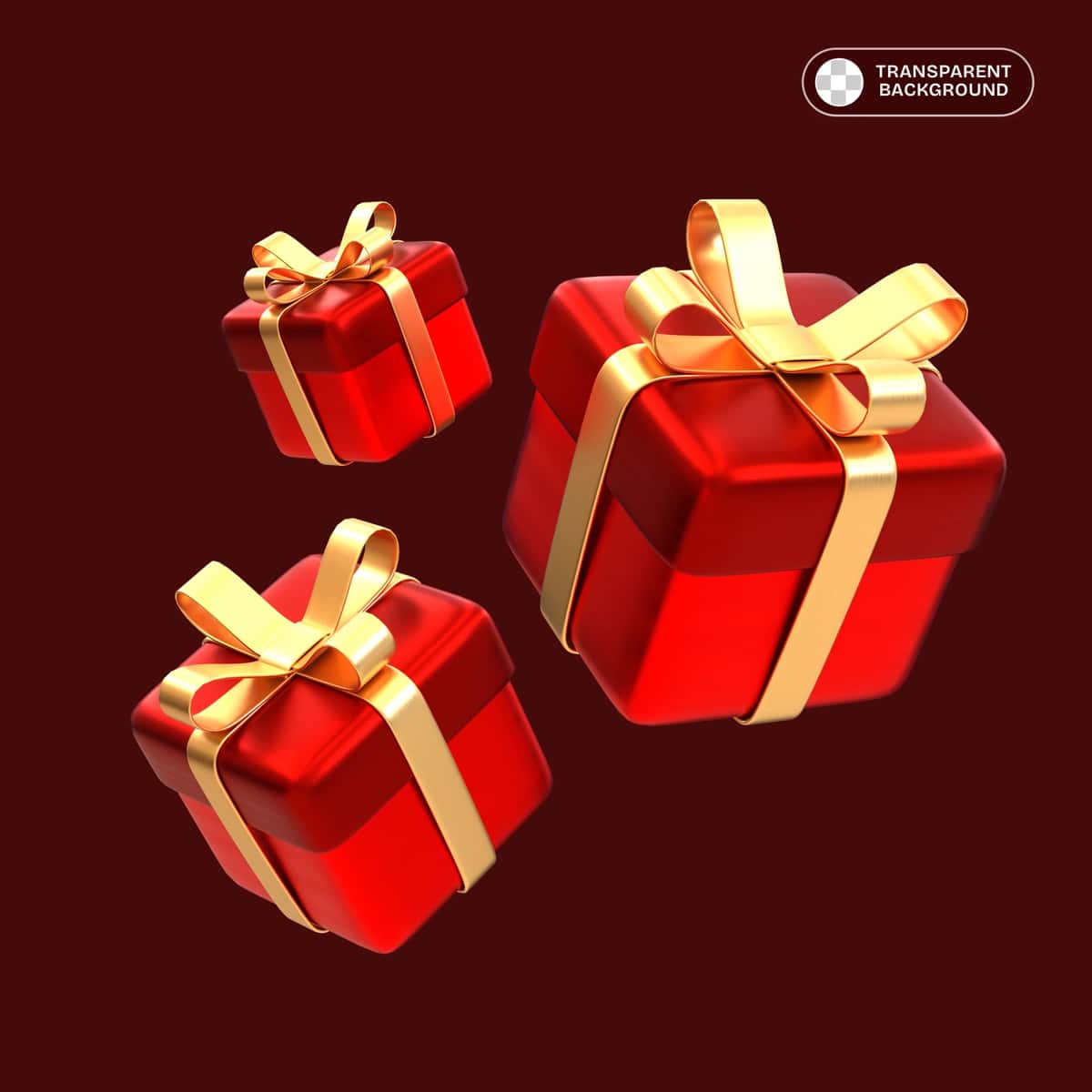 Shaffof 3D dizayndagi oltin lenta bilan bezatilgan uchta qizil sovg'a | Three red gifts with gold ribbon arranged 3d design with transparent 1