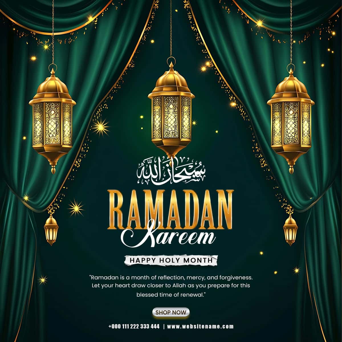 Ramazon karimini oltin chiroqlar bilan islomiy yashil pardalar bilan tabriklash | Ramadan kareem greeting with golden lanterns green curtains islamic 1