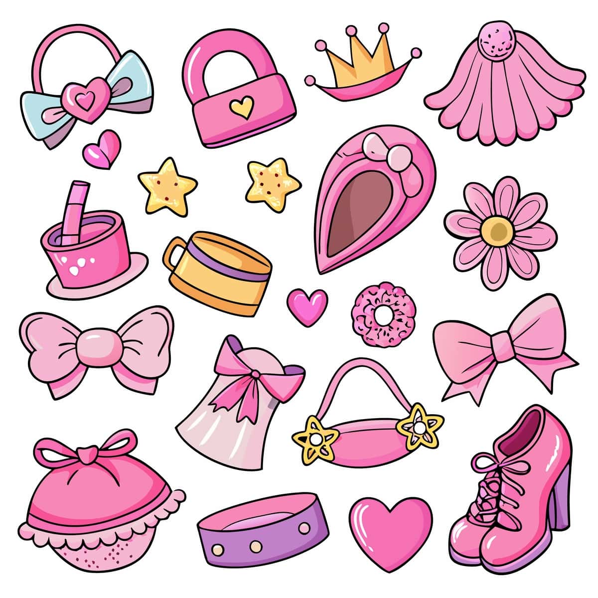 Qo'lda chizilgan pushti qizlar aksessuarlari to'plami kamon poyabzallari shapka yuraklari | Handdrawn pink girls accessories set bows shoes hats hearts 1