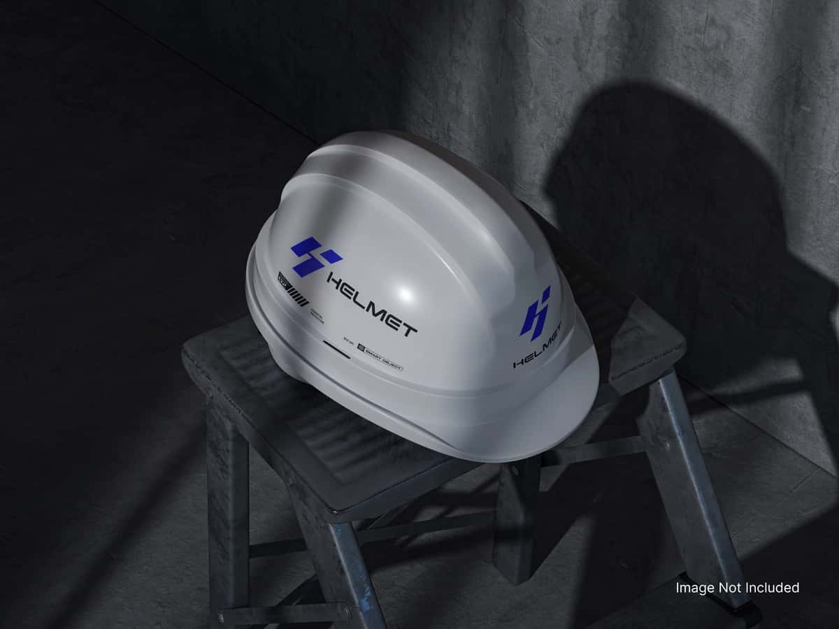 Qurilish dubulg'asi maketi taburei xira yoritilgan sanoat muhiti | Construction helmet mockup stool dimly lit industrial setting 1