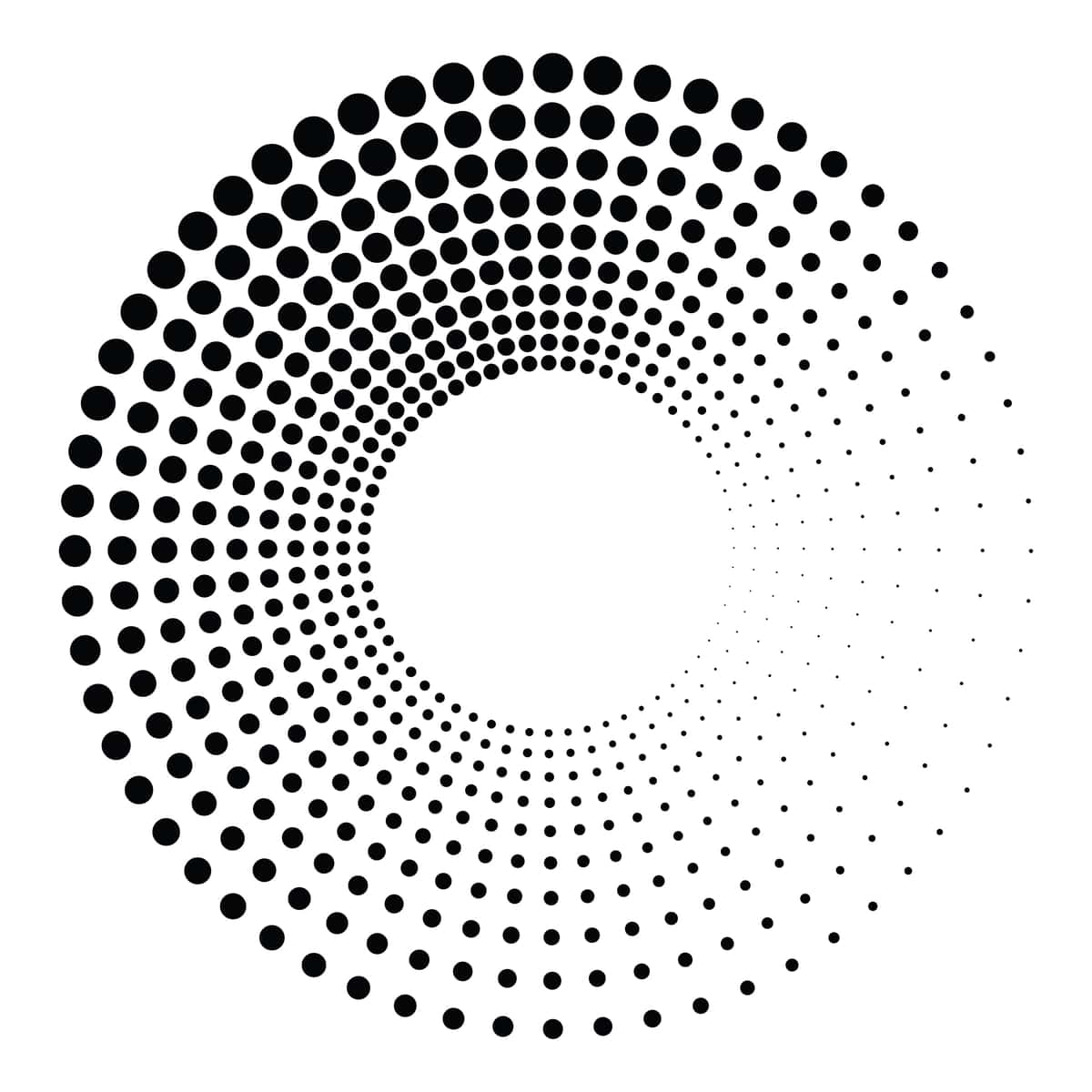 Qora dumaloq yarim tonli tekstura nuqtali radiusli aylanma tornado shaklidagi gradient | Black round halftone texture dotted radial swirl tornado shape gradient 1