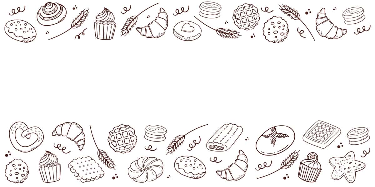 Nonvoyxona banneri qo'lda chizilgan qandolat shirinligi konturining illyustratsiyasi | Bakery shop banner hand drawn pastry dessert outline illustration 1