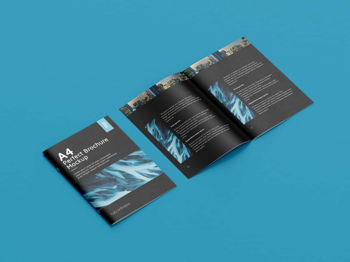 A4 mukammal broshyura maketi ko'k sirt | A4 perfect brochure mockup blue surface 1