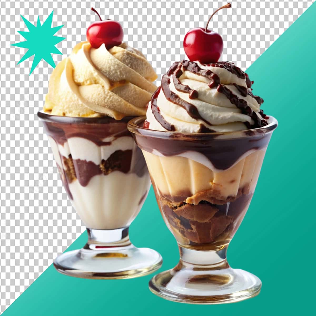 Shaffof fonda vanil shokoladli sundaes | Vanilla chocolate sundaes isolated transparent background 1