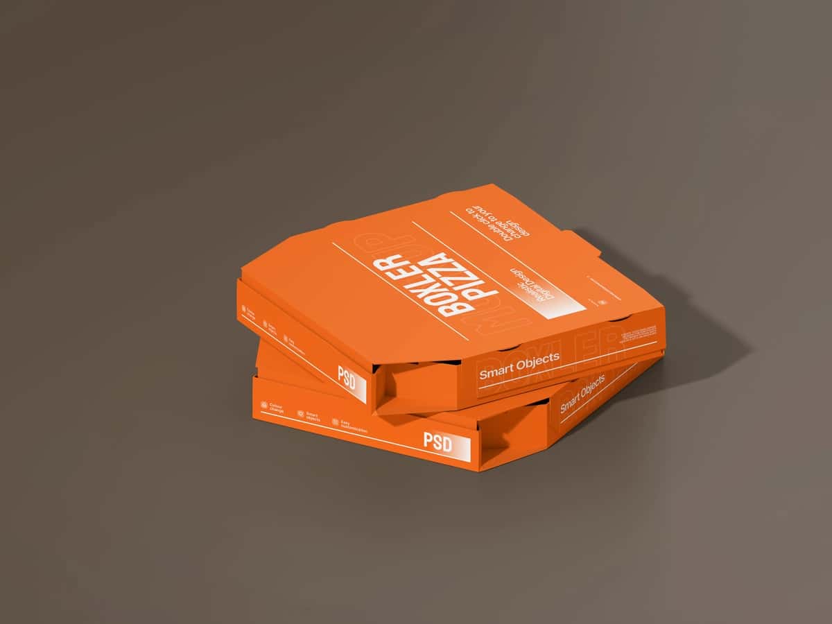 Yig'ilgan apelsin pizza qutilari maketi | Stacked orange pizza boxes mockup 1