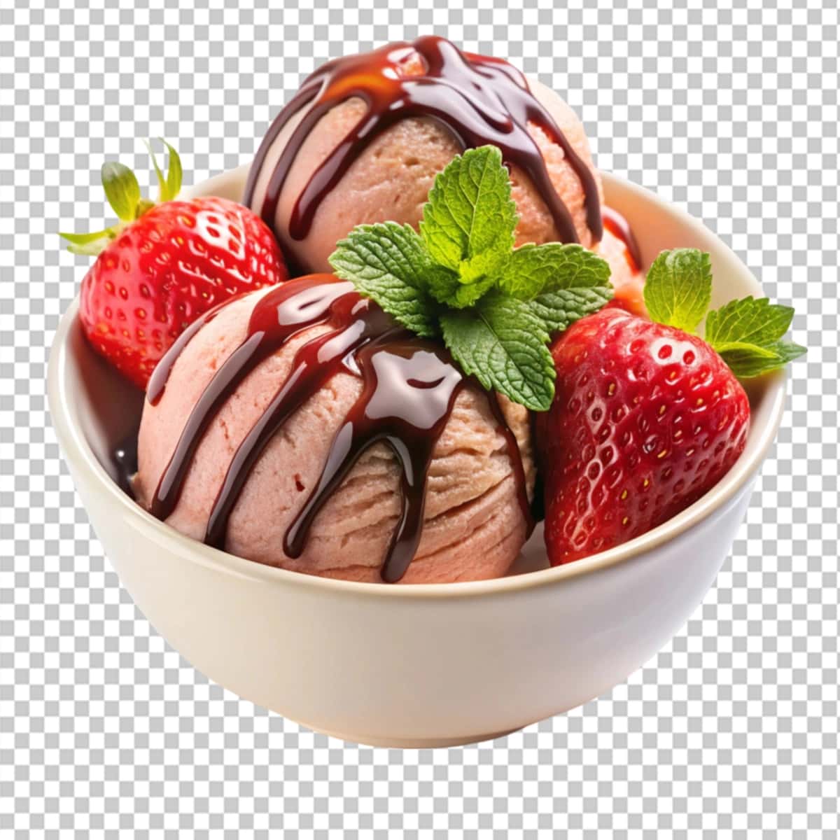 Shokoladli shaffof fon bilan mazali piyola qulupnayli muzqaymoq | Delicious bowl strawberry ice cream with chocolate transparent background 1