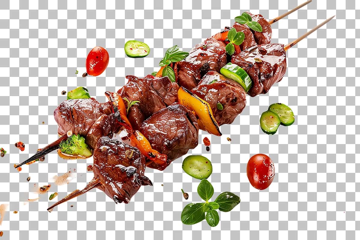 Go'shtli sabzavot sachragan Burundiya brosheti shaffof | Burundian brochette soaring with meat vegetable splashes transparent 1